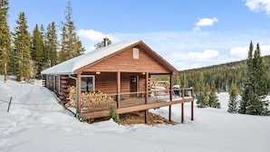 A wooden cabin with a covered porch, surrounded by snow and trees. - Amazing Secluded Cabin On 10 Acres, Close To Breck (Fairplay)