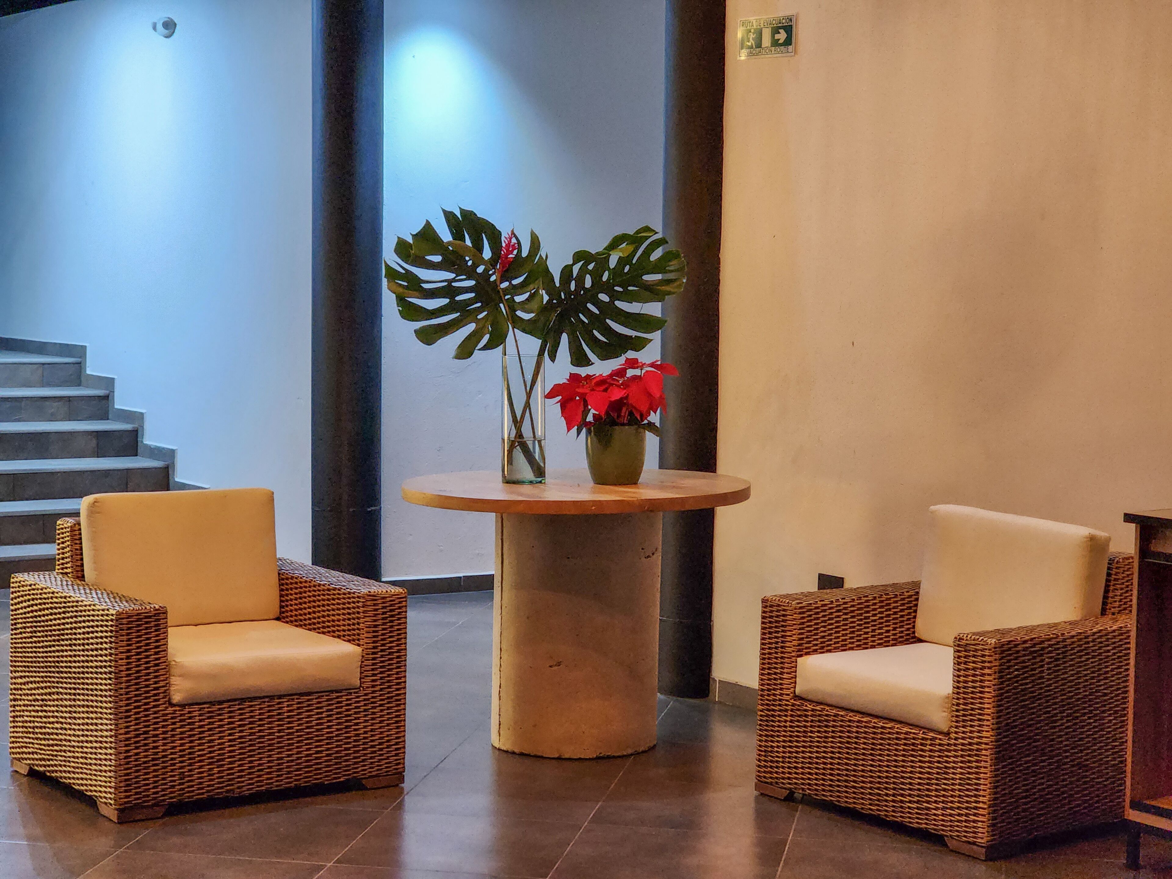 Un vestíbulo con dos sillones de mimbre, una mesa redonda de madera con una planta en maceta y una escalera al fondo.