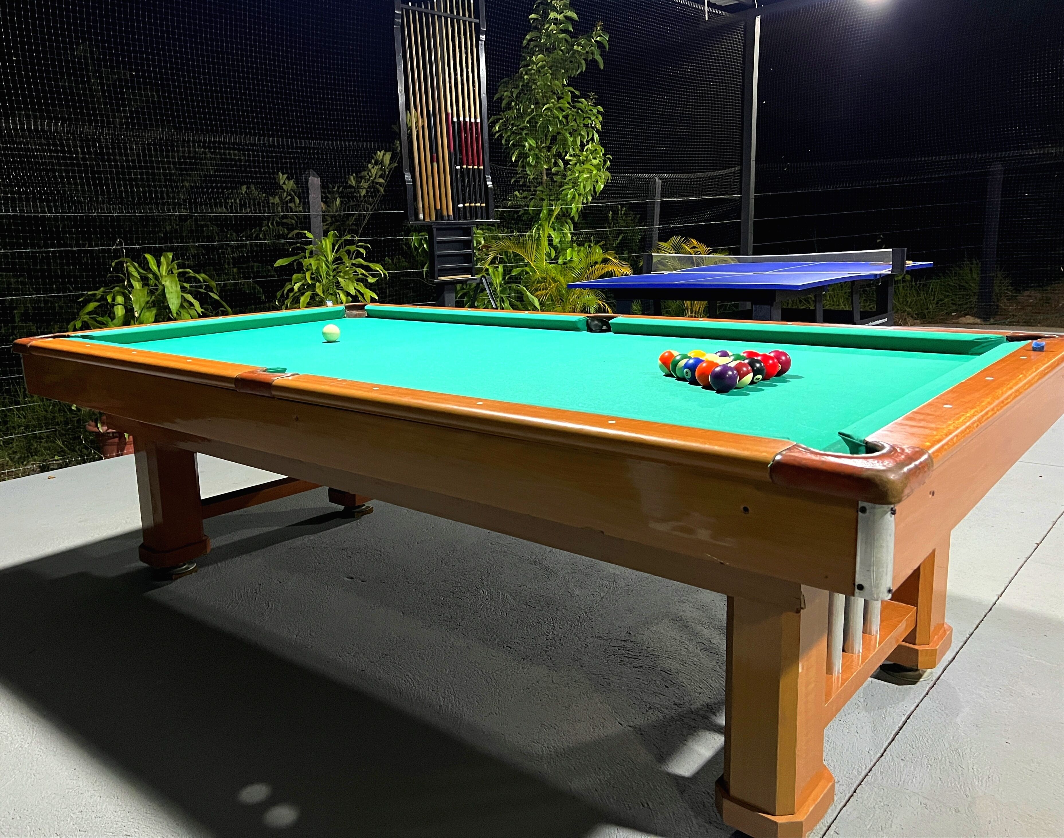 A pool table with balls and cues, surrounded by plants and a fence.