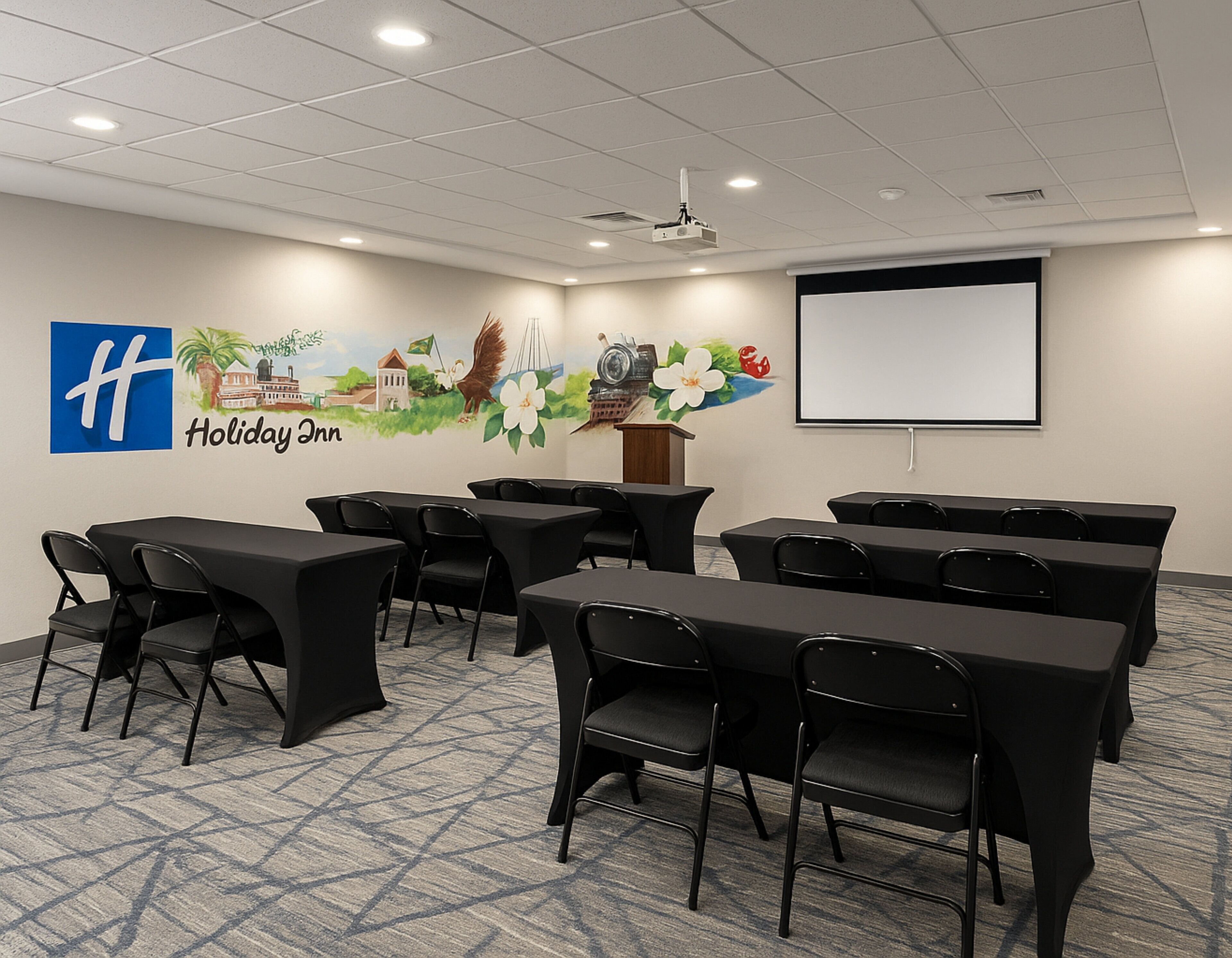 Un salón de conferencias con una pantalla de proyector, un atril y un mural en la pared.