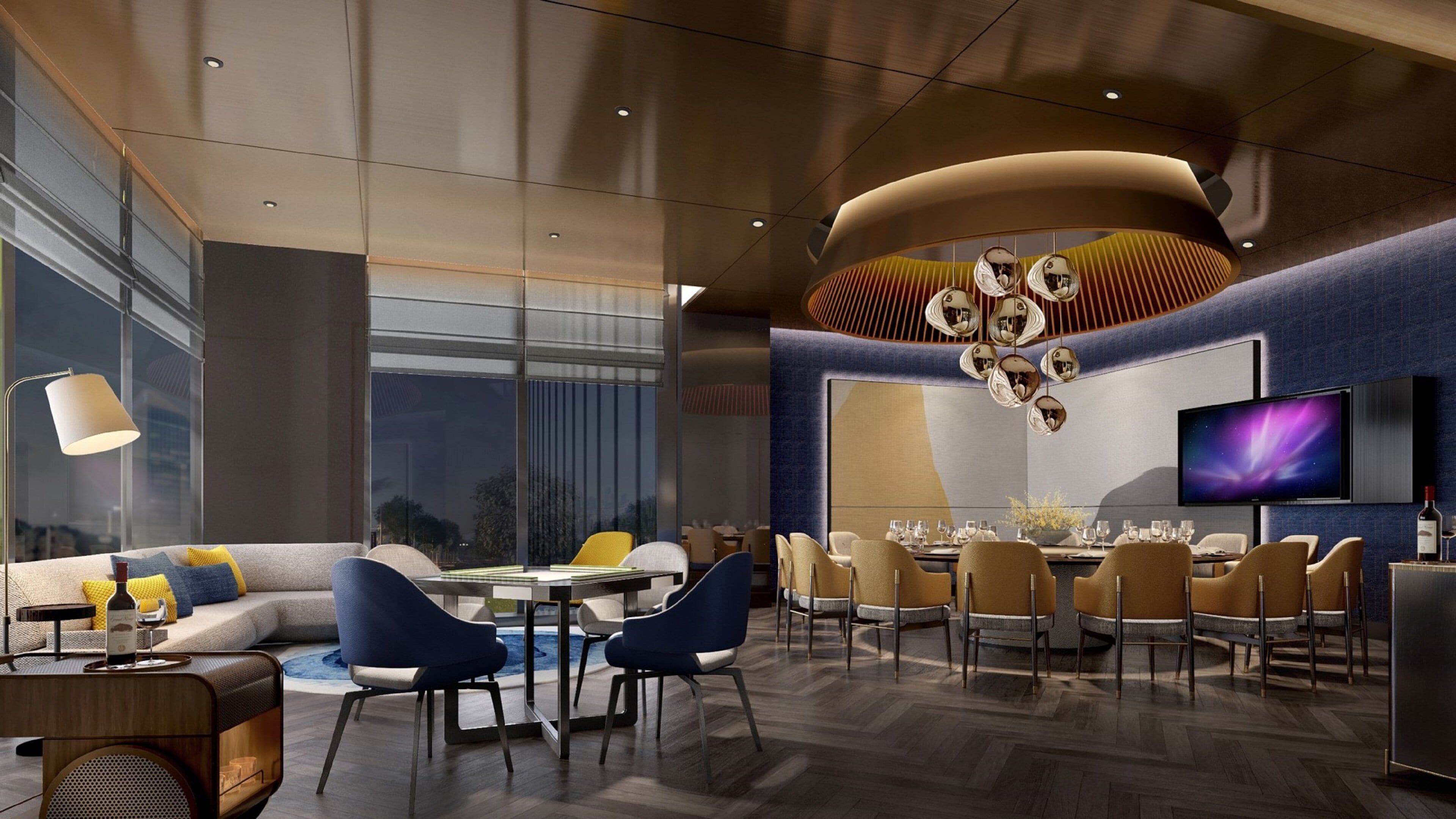 A modern dining area with a large table set for a meal, surrounded by chairs.