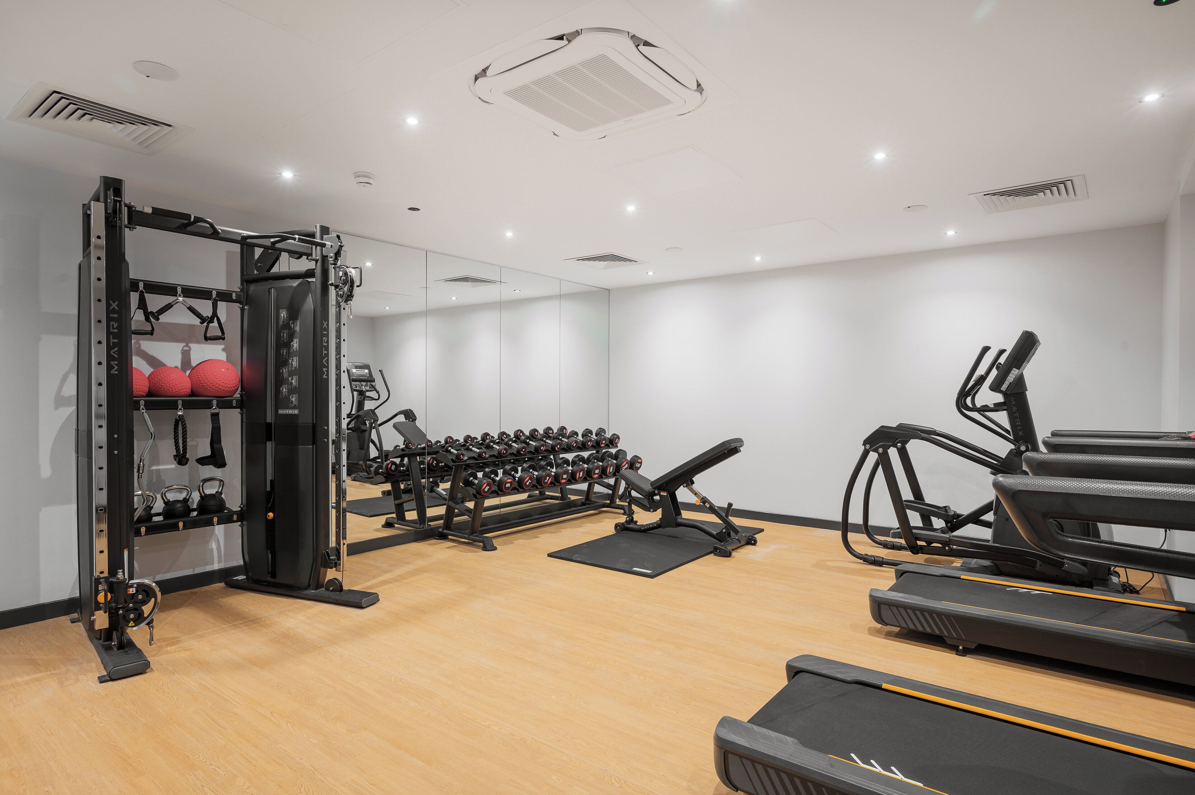 Un gimnasio moderno con barra de dominadas, banco de pesas, mancuernas y cinta de correr.