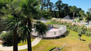 Ein kreisförmiger Poolbereich im Freien mit weißem Zaun, umgeben von Palmen und anderer Vegetation.