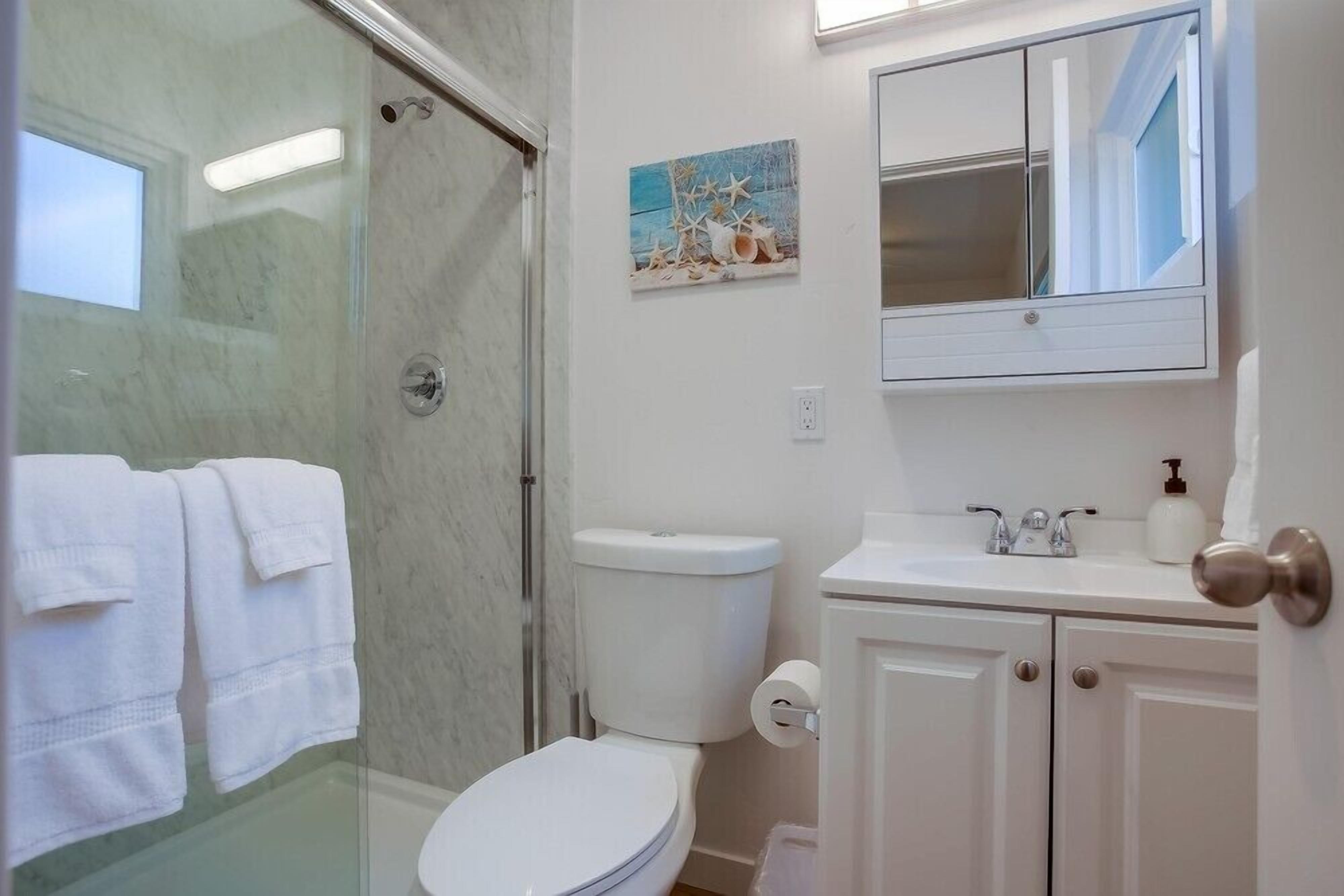 Une salle de bain avec une douche à parois de verre, des toilettes, un lavabo avec un miroir au-dessus et un tableau accroché au mur.