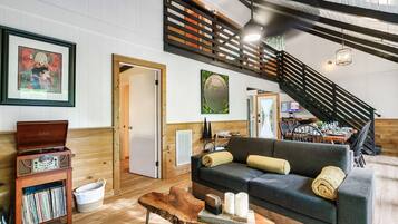 Smart TV, fireplace, video games, music library