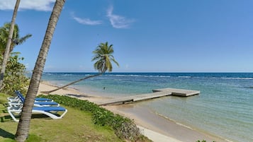 A beach with clear blue water, palm trees, and lounge chairs.
