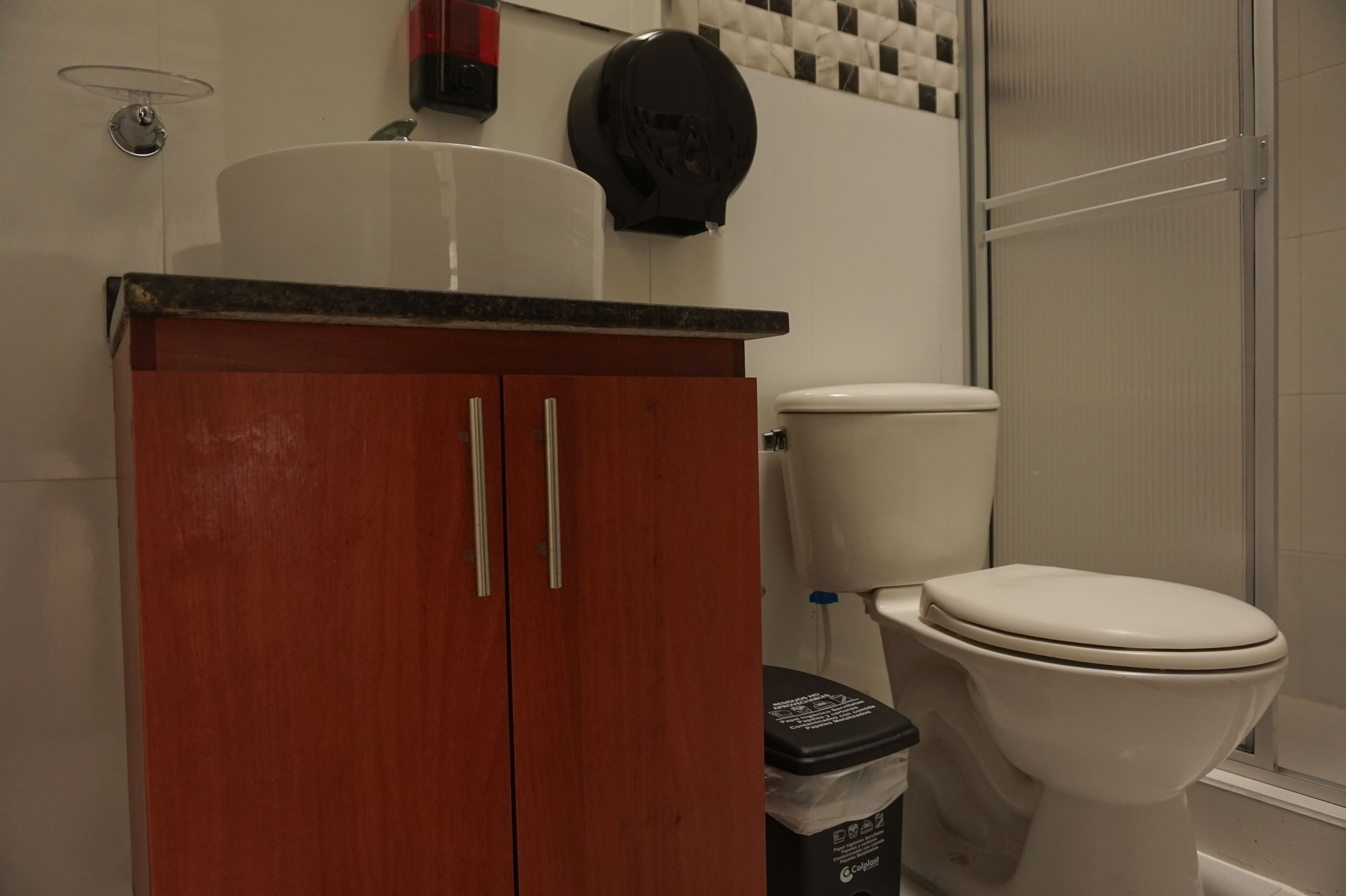 Un baño con un armario de madera, un inodoro y una zona de ducha.
