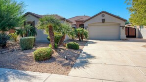 A residential area with two houses, each with a garage, surrounded by well-maintained landscaping including palm trees and shrubs. - Resort-Style Oasis with Private Pool (Goodyear)