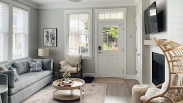 Smart TV, fireplace, books