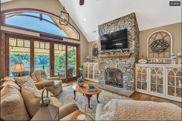 Smart TV, fireplace, table football, books