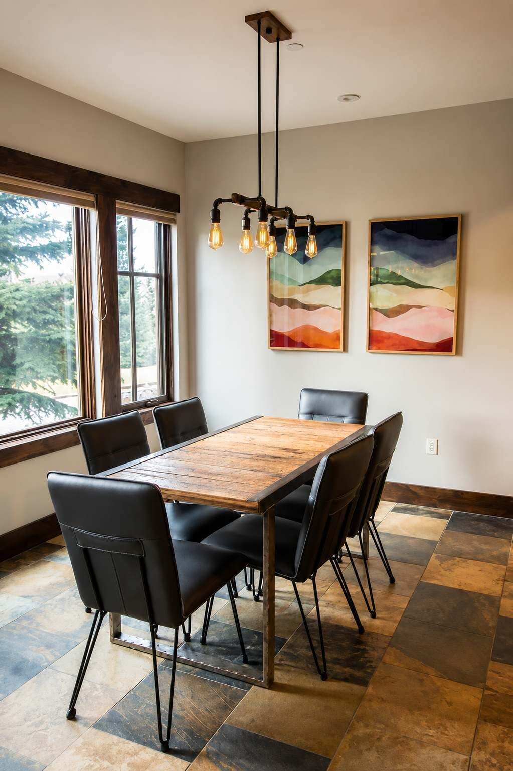 A dining area with a wooden table and black chairs, a hanging light fixture, and two abstract paintings on the wall.