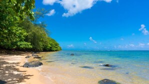 A beach with clear turquoise water, sandy shore, and lush greenery.
