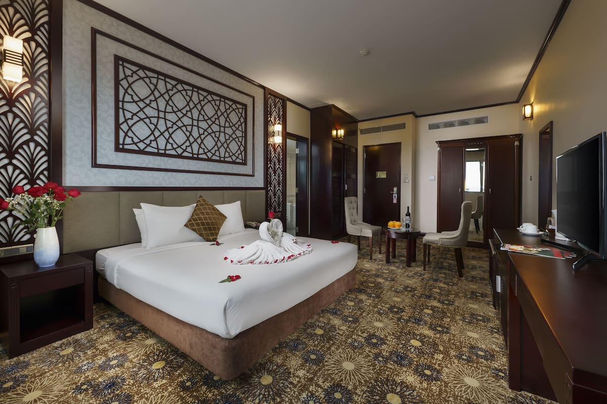Habitación de hotel con una cama grande, un televisor, un escritorio y una silla.