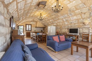 A cozy living room with a stone ceiling, a blue sofa, a wooden dining table, and a television. - 6 bedroom finca with pool and barbecue (Selva)