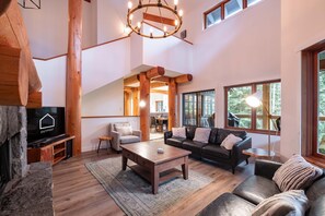 Flat-screen TV, fireplace