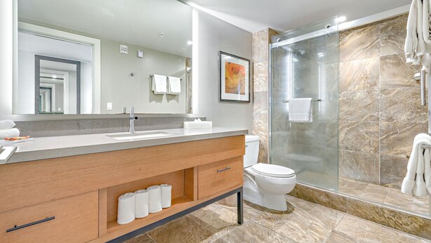 Un bagno moderno con doccia vetrata, uno specchio grande e un mobile vanitario in legno.
