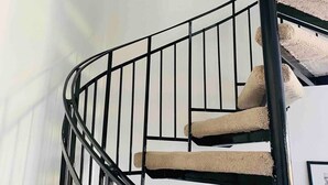 Un escalier avec une rampe noire et des marches recouvertes d’une moquette beige.