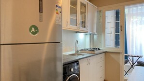 Une cuisine compacte équipée d’un réfrigérateur en acier inoxydable, d’un lave-vaisselle et d’une cuisinière à gaz.