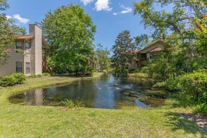 A serene courtyard with a small pond, surrounded by lush greenery and two-story buildings with balconies.