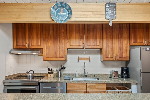 Fridge, microwave, stovetop, dishwasher - Winter in the Heart of Aspen! Steps to Gondola | Wood FP, W/D, Easy 1st Floor Access (Aspen)