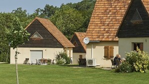 A residential property with a well-maintained lawn, a garage, and a satellite dish.