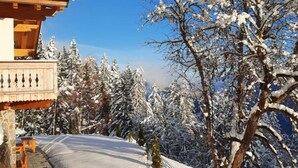 Schneebedeckte Landschaft mit einer Holzhütte und schneebedeckten Bäumen.