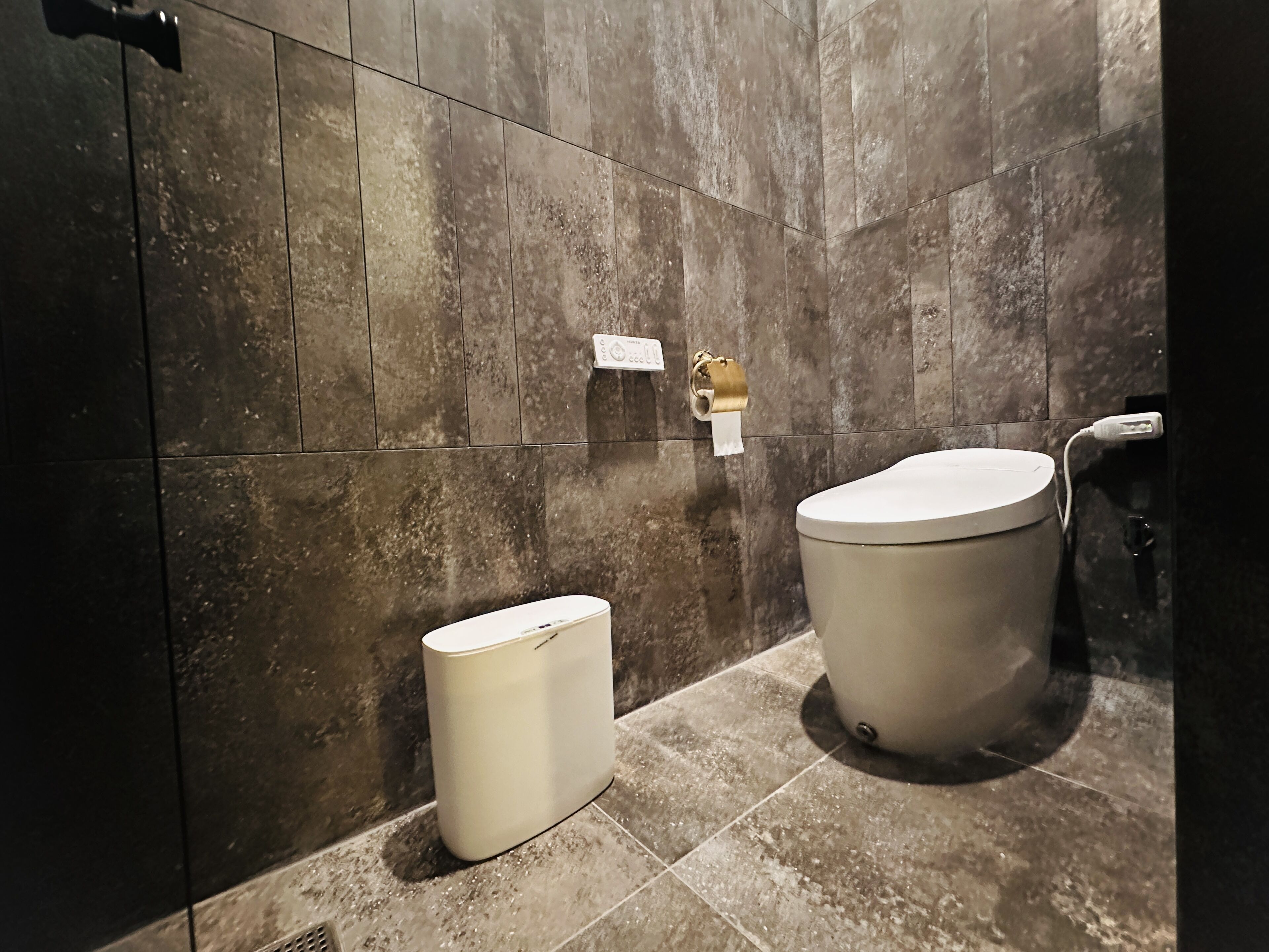 Une salle de bain équipée de toilettes, d’un bidet et d’un distributeur de serviettes fixé sur un mur carrelé.