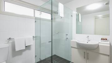 Shower, hair dryer, towels