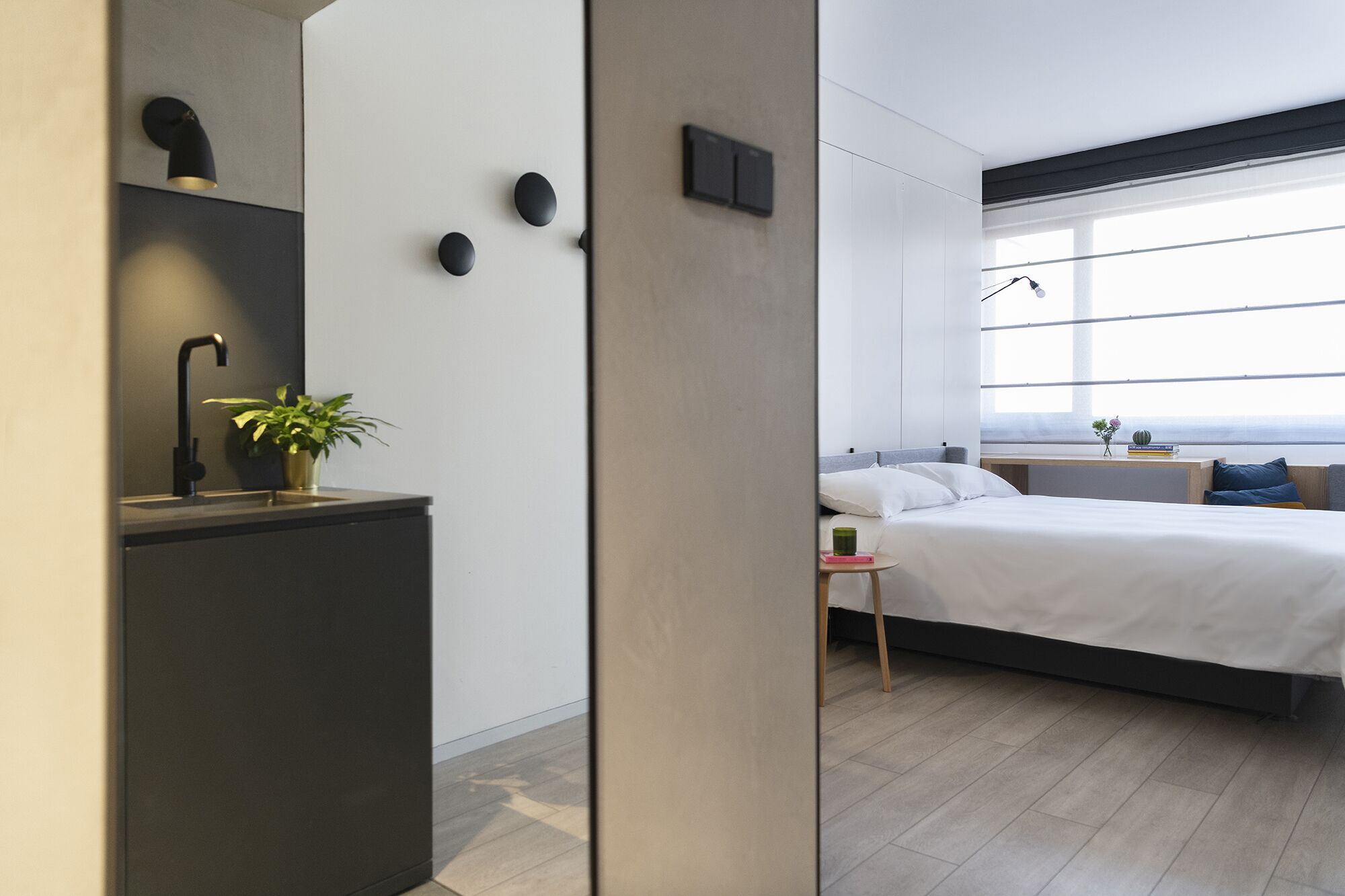 A modern hotel room with a bed, bedside table, and a small potted plant.
