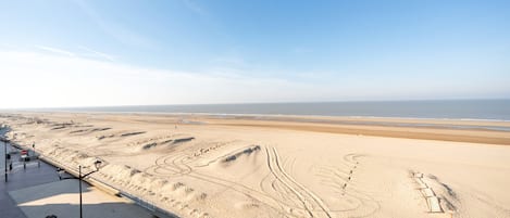 A beach with a sandy path and a boardwalk with benches and street lamps.