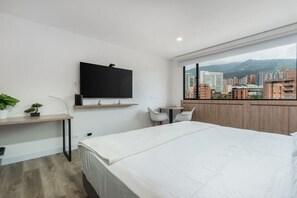 1 bedroom, desk, iron/ironing board, travel cot