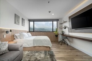 1 habitación, escritorio, tabla de planchar con plancha y cuna de viaje 