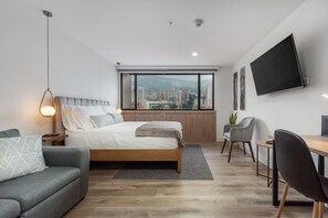 1 chambre, bureau, fer et planche à repasser, lit parapluie