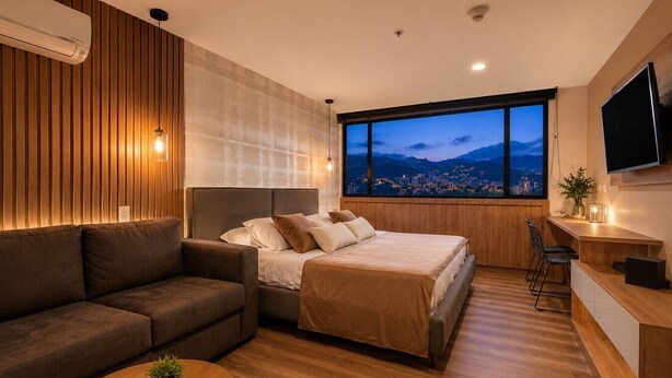 Una camera d'albergo moderna con un letto, divano, TV e vista sulla città.