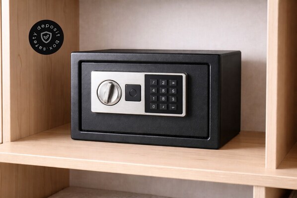 A black safe with a combination dial and keypad, placed on a wooden shelf.