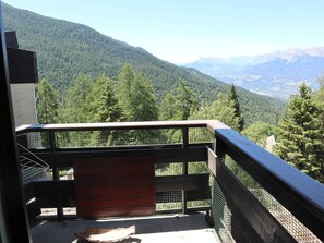 A balcony with a view of a forested mountain range.