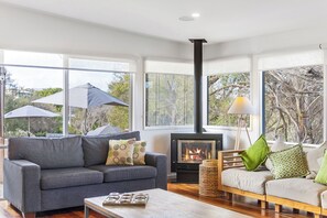 Smart TV, fireplace, DVD player, books