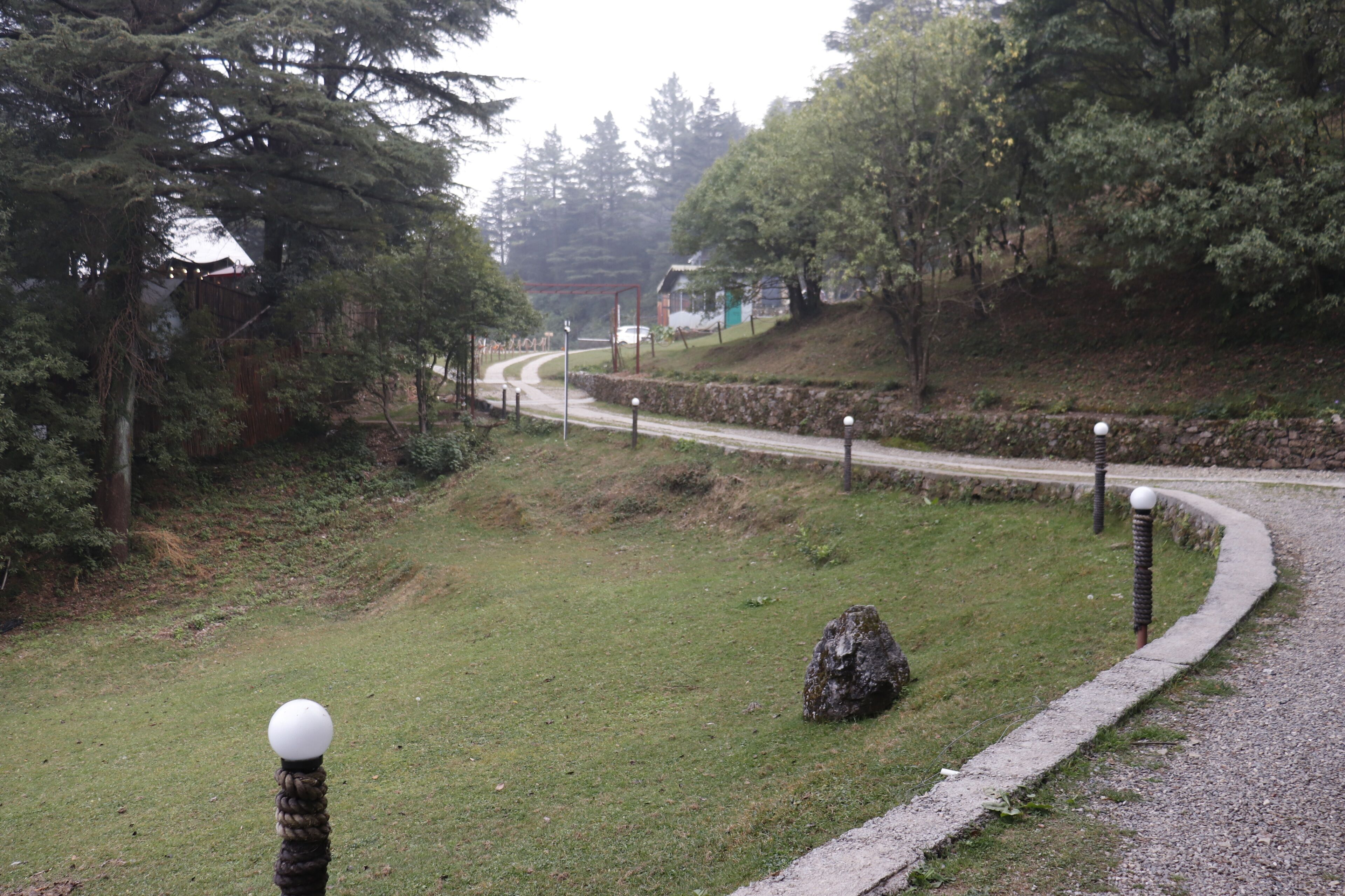 Un sendero de grava serpentea por una zona cubierta de césped, con árboles y un muro de piedra.