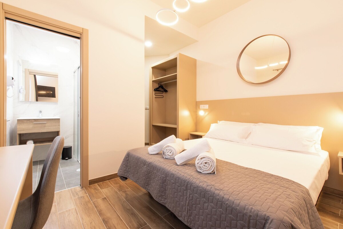 A hotel room with a bed, a desk, a chair, a mirror, and a wardrobe.