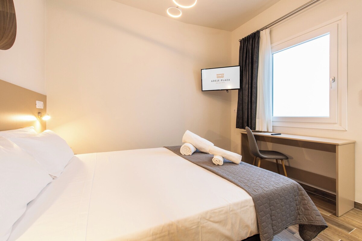 A hotel room with a bed, a desk, a chair, a television, and a window with curtains.