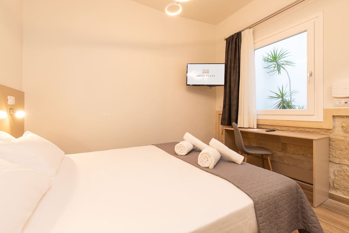 A hotel room with a bed, a desk, a chair, a TV, and a window with a view of palm trees.