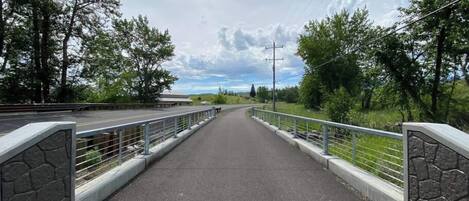 A bridge with stone railings and a paved road.