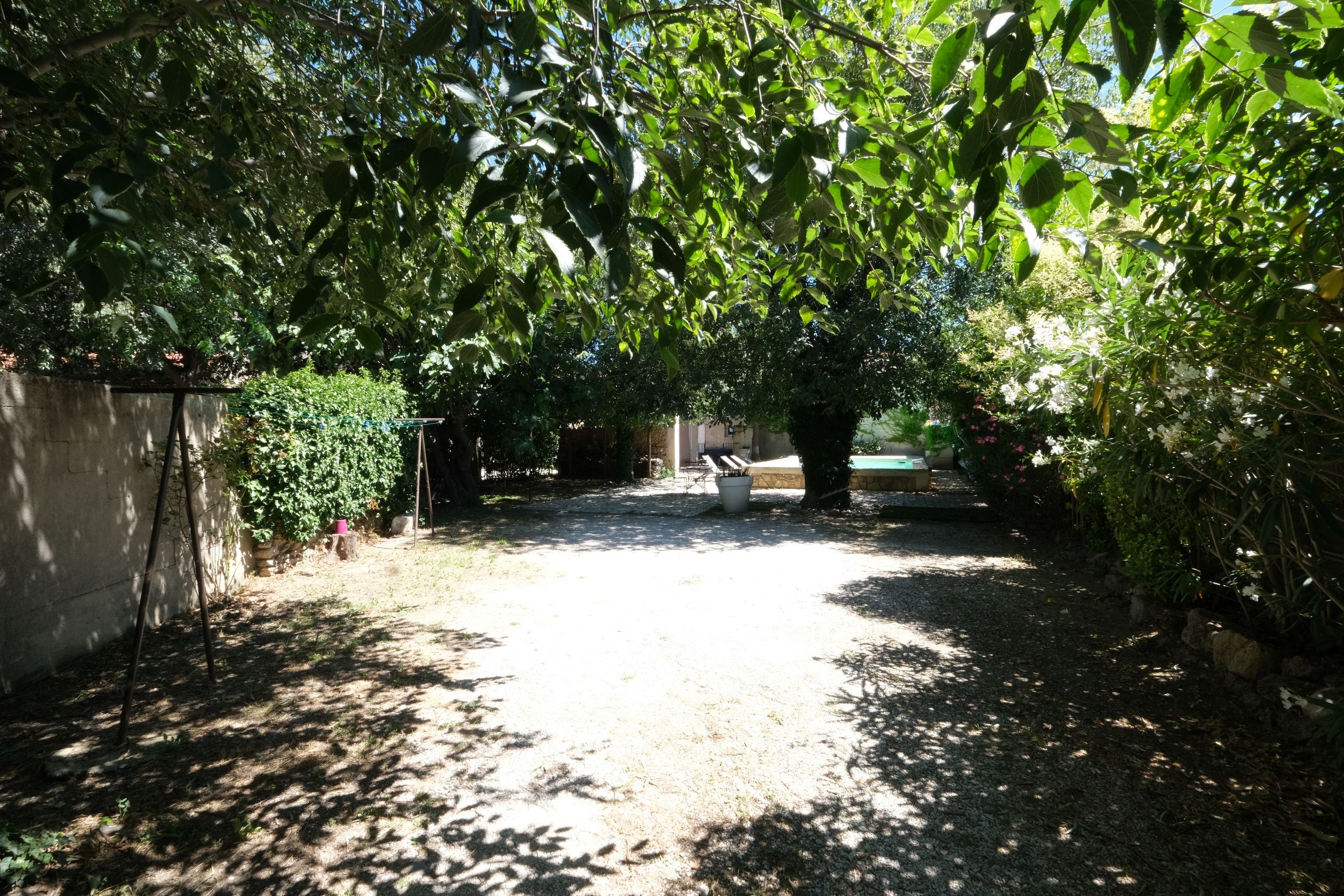 Ett takförsett utomhusområde med en grusgång, omgivet av tät vegetation och en betongmur.