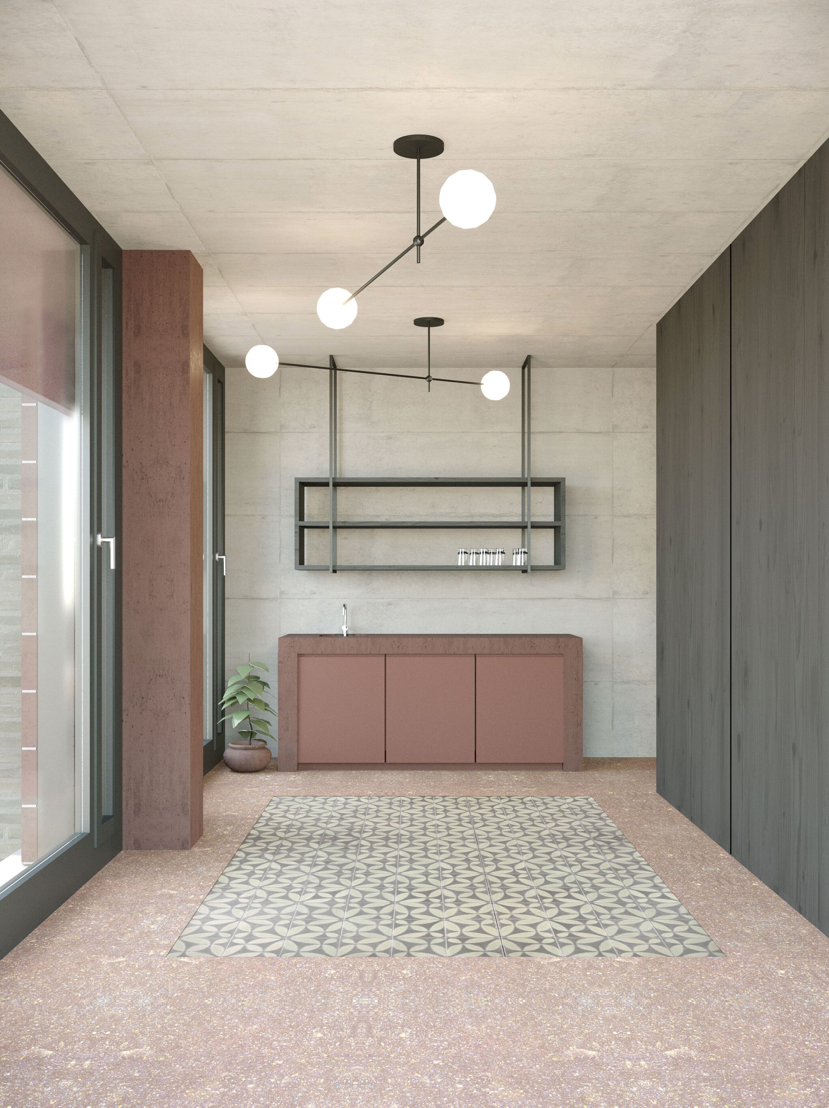 Un baño moderno con techo de concreto, un lavabo minimalista y un piso estampado.