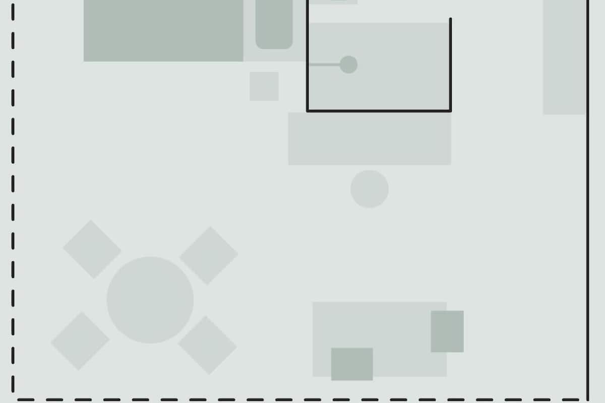 A floor plan with a large central room, smaller rooms on the sides, and a circular feature in the center.