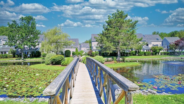 Un ponte di legno che conduce a una zona residenziale con case, uno stagno ricoperto di ninfee e un cielo azzurro limpido.