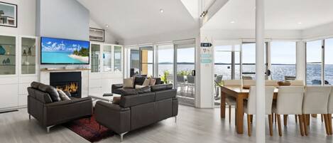 Smart TV, fireplace, video games, DVD player