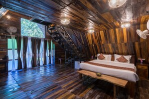 Garden View Wooden Chalet with Sitout | Desk, bed sheets