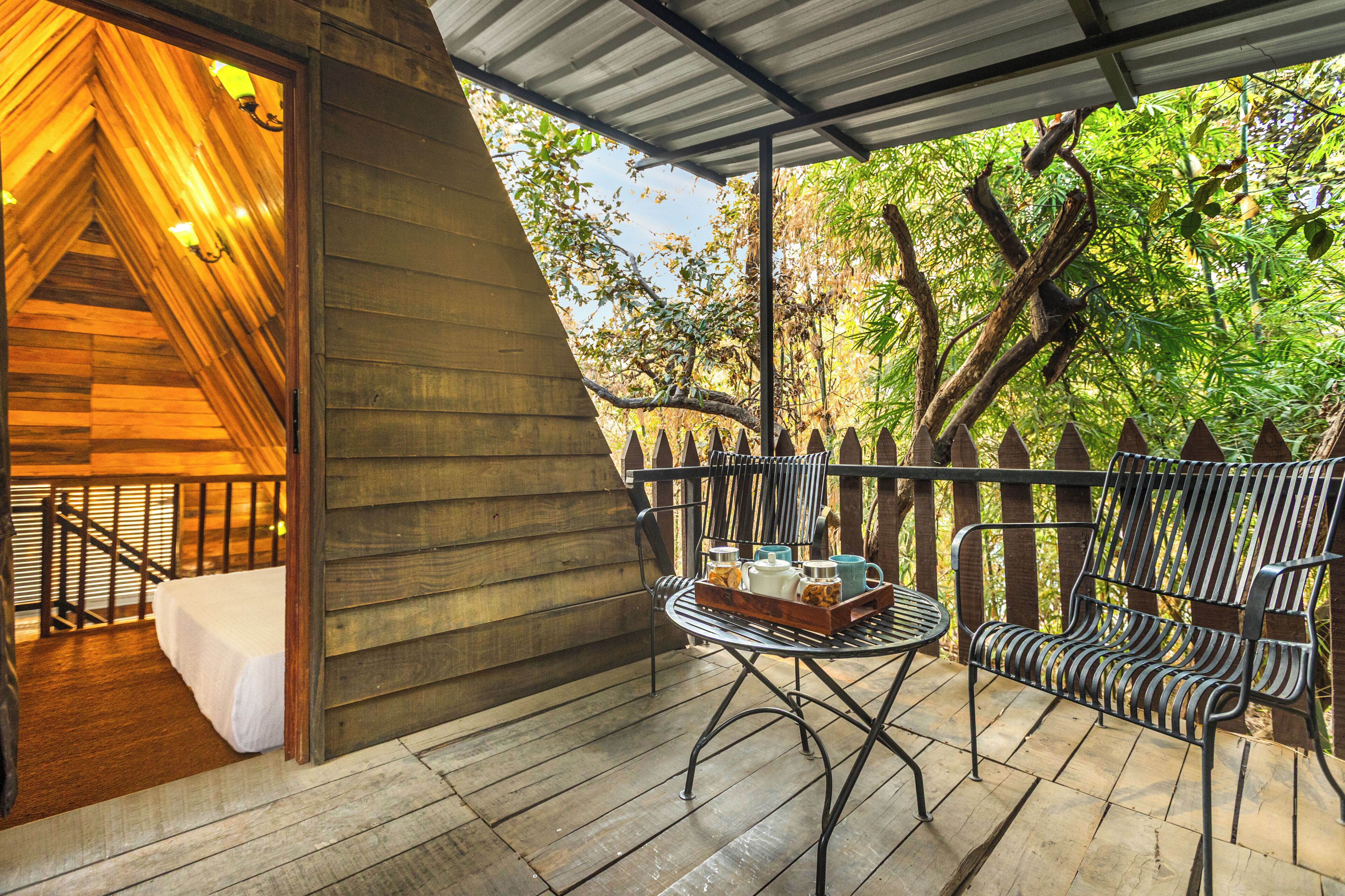 Garden View Wooden Chalet with Sitout | Desk, bed sheets