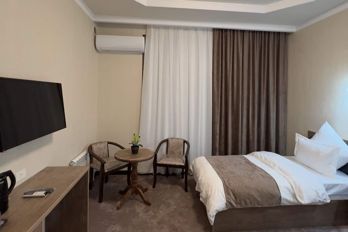 A hotel room with a bed, a desk with a chair, a television, and an air conditioning unit.